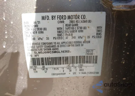 2021 Lincoln Aviator Standard из США, поврежденный, VIN 5LM5J6WC5MGL16362